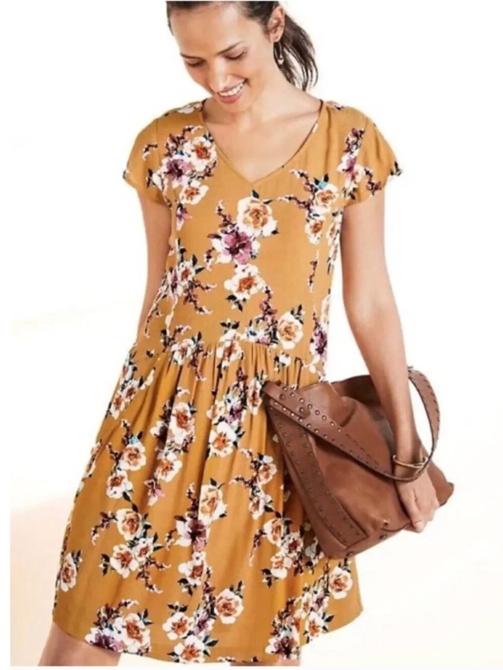 Garnet Hill Summer Day Dress in Yellow Floral Print Women's Size 14